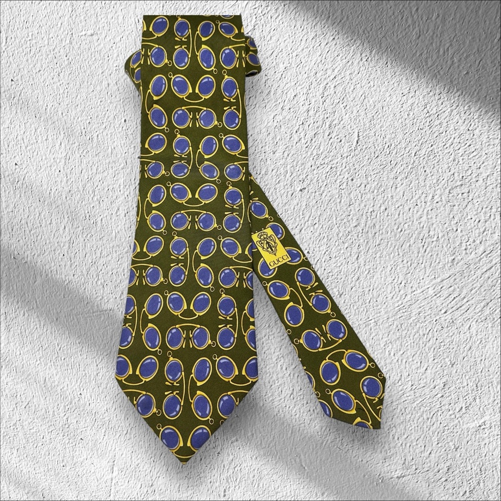 GUCCI Vintage Silk Avocado, Purple & Gold Neck Tie Glasses Spectacles Print - Picture 4 of 13
